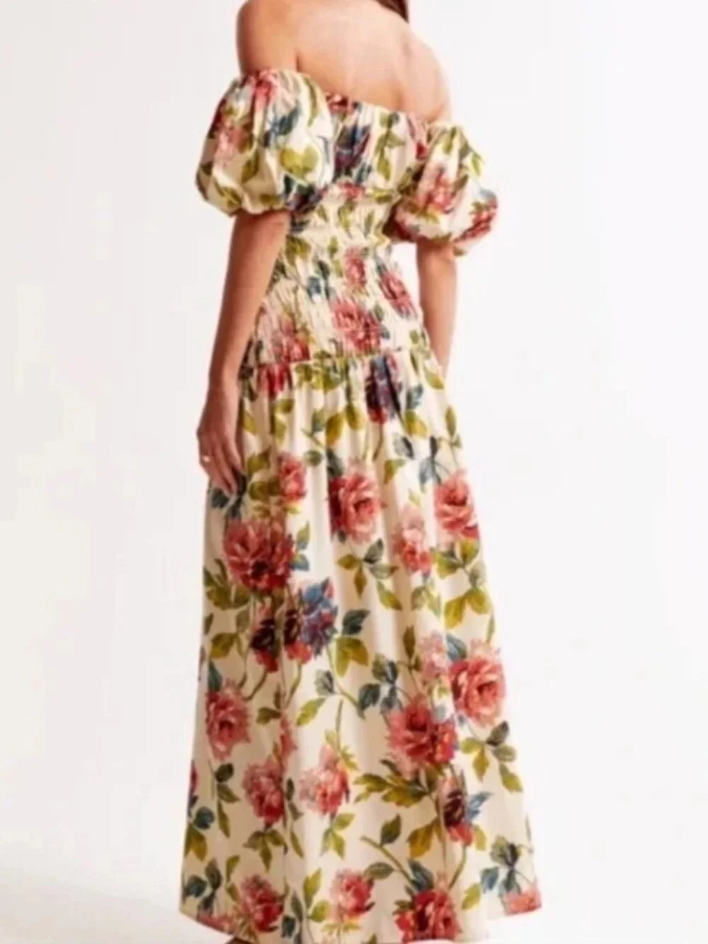 Anthropologie Floral Maxi Dress Puff Sleeve Smocked Sz XS Cottagecore Boho Cream - Picture 2 of 11